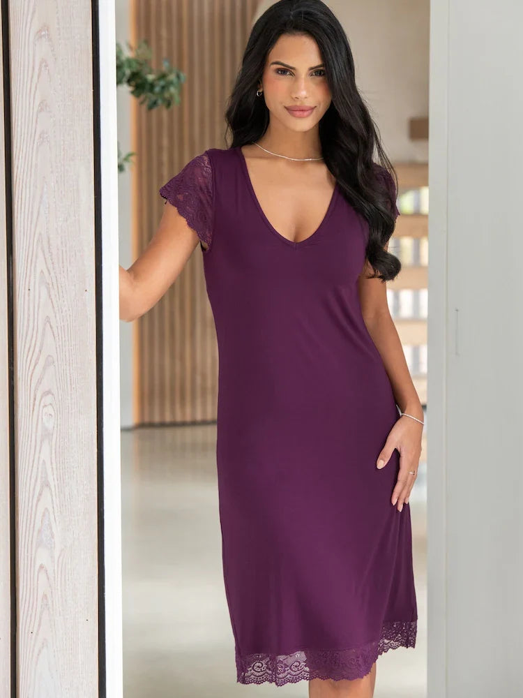 Pour Moi | Bamboo Jersey Lace Hidden Support Midi Chemise | Plum
